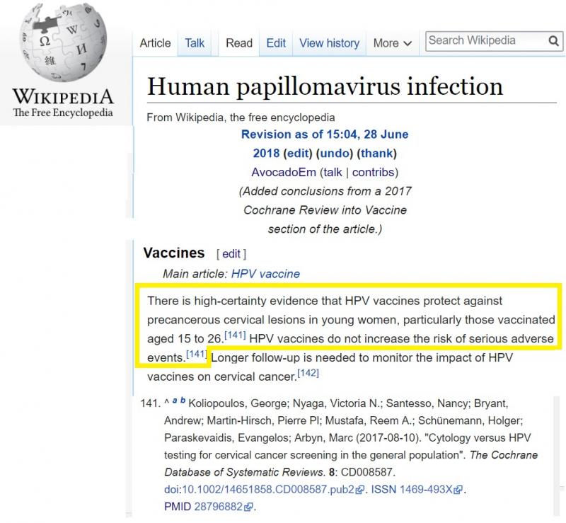 An example of how a edit-a-thon participant used the 2017 HPV systematic review to improve the evidence base of the Human papillomavirus infection Wikipedia article during the Cochrane-UK Wikipedia “edit-a-thon” on June 28, 2018.