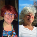 Side by side images of Catherine Marshall, who has short red hair and blue glasses and is smiling, and Tracey Howe, who has short white hair and is smiling in the sun