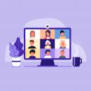 purple background with a computer screen with multiple people on a video conference, wiht coffee and plant on the sides of the computer