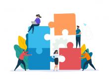 A drawing of multi colored puzzle pices being put together by people