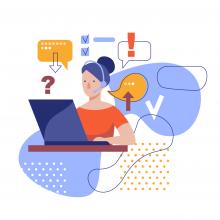 A drawing of a woman at a computer with question and thought bubbles around her