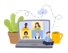 drawing of a computer with multiple people connected to it on a webinar with a plant and coffee in the background