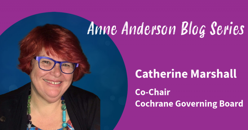Image of Catherine Marshall, Governing Board Co-Chair, a white woman with red hair and purple glasses who smiles at the camera