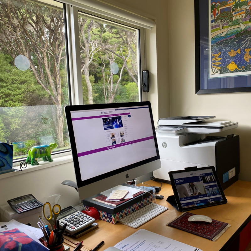 Picture of desk with computer, with forest view out of the window