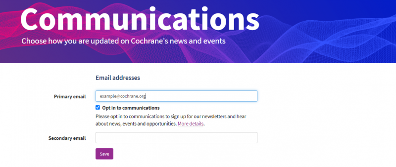 screenshot of Cochrane accountn communications tab