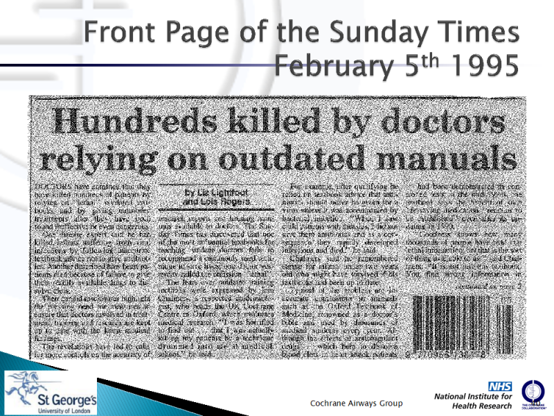 Image of the article referred to in the previous paragraph, with a headline that reads "Hundreds killed by doctors relying on outdated manuals"